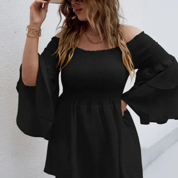 SHEIN Plus Bardot Shirred Layered Flounce Sleeve Dress - Picture 3 of 4